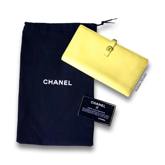 CHANEL Vintage 2004 Yellow Caviar Coco Button Snap Leather Long Wallet NWOT - Picture 11 of 13